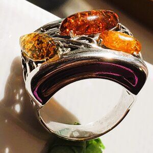 New Artisan Style Baltic Amber & Sterling Silver Ring Filigree Braided Design